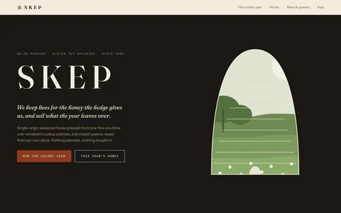 The SKEP homepage: the word &lsquo;Skep&rsquo; in wide letterspaced serif beside a straw skep used as a window onto a clover ley in full flower.