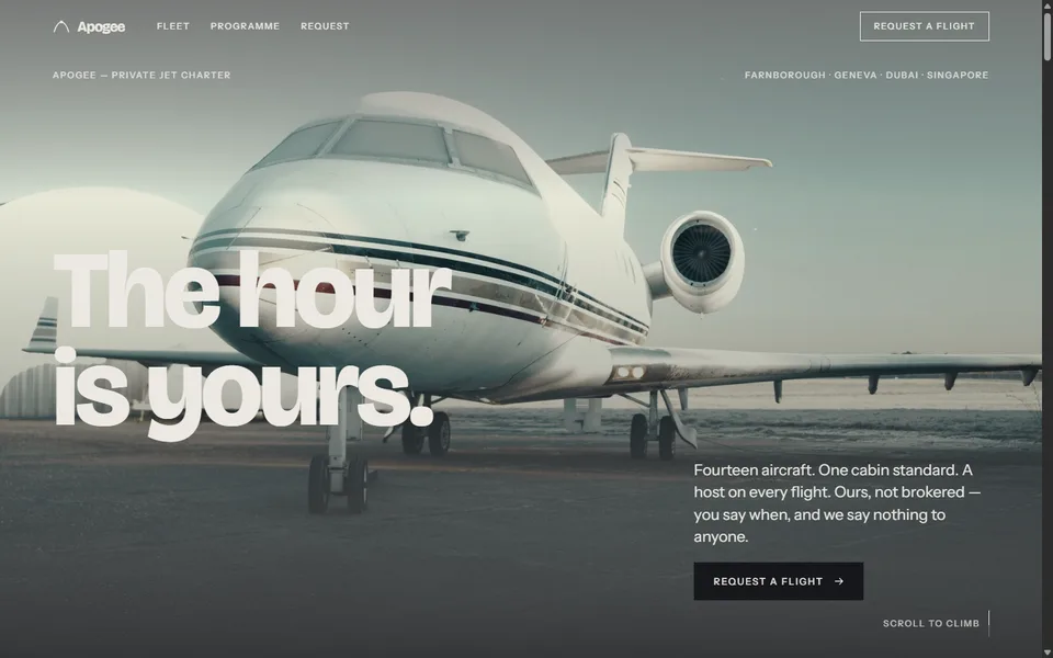 The Apogee homepage: the words &lsquo;The hour is yours&rsquo; set large over a private jet on the apron with its stairs down.