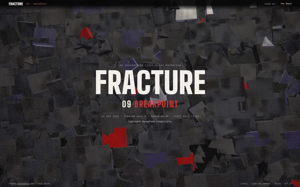 The FRACTURE hero: the wordmark in floodlight white over a wall of bruised concrete debris shot through with blood-red marked fragments, above the line 09 BREAKPOINT.