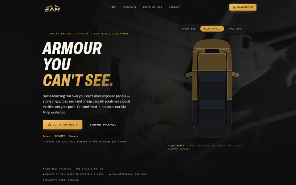 The Esteem Auto Medics homepage: &lsquo;Armour you can&rsquo;t see&rsquo; in condensed italic type beside a gold-on-black top-down car coverage map with package tabs.