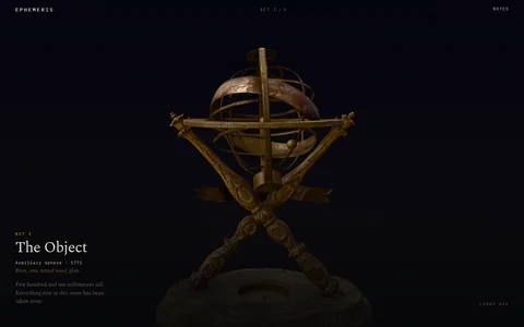 EPHEMERIS: a brass and iron armillary sphere of 1771 standing alone in an unlit room, lit from one side, beneath the words &lsquo;The Object&rsquo;.
