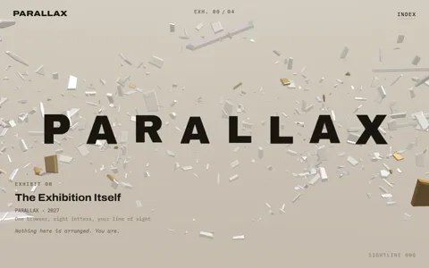 PARALLAX aligned through a storm of porcelain fragments: the word composes itself in bold ink type the instant the sightline is right.