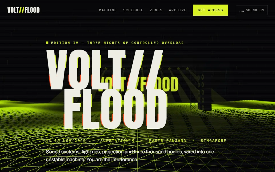 The VOLT//FLOOD hero: the fractured logotype in bone white with acid and red glitch slices, floating over a WebGL rig of truss towers, beam fans and a chartreuse waveform floor.