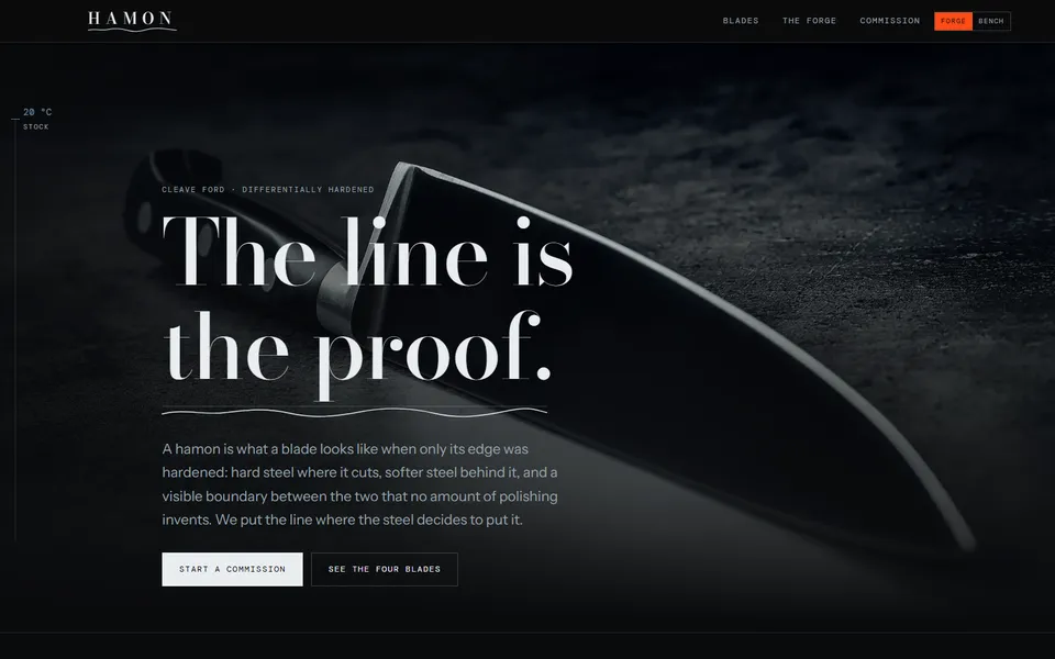 The HAMON homepage: the words &lsquo;The line is the proof&rsquo; over a knife blade lying on a dark bench.
