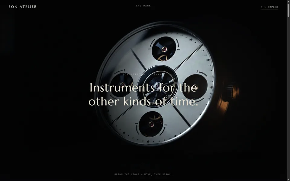 The Meantime instrument looming out of darkness behind the line &lsquo;Instruments for the other kinds of time&rsquo;, one cold light on its dial.
