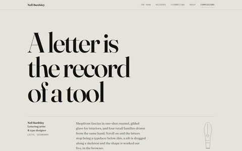 The Nell Bardsley homepage: the words &lsquo;A letter is the record of a tool&rsquo; in a large wonky serif, near-black on warm paper grey, beside a line-drawn dip nib.