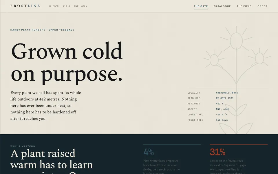 The FROSTLINE homepage: the words &lsquo;Grown cold on purpose&rsquo; beside a drawn thistle specimen and a herbarium label giving the nursery&rsquo;s altitude and lowest recorded temperature.