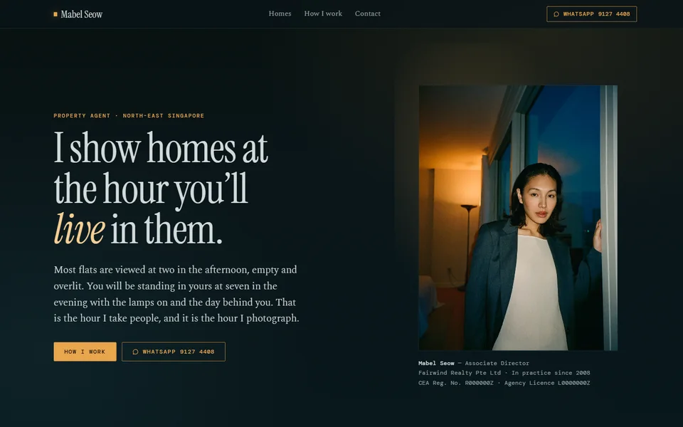 Mabel Seow&rsquo;s homepage: the line &lsquo;I show homes at the hour you&rsquo;ll live in them&rsquo; on a deep petrol ground, beside a portrait of the agent lit by a lamp at a window at dusk.