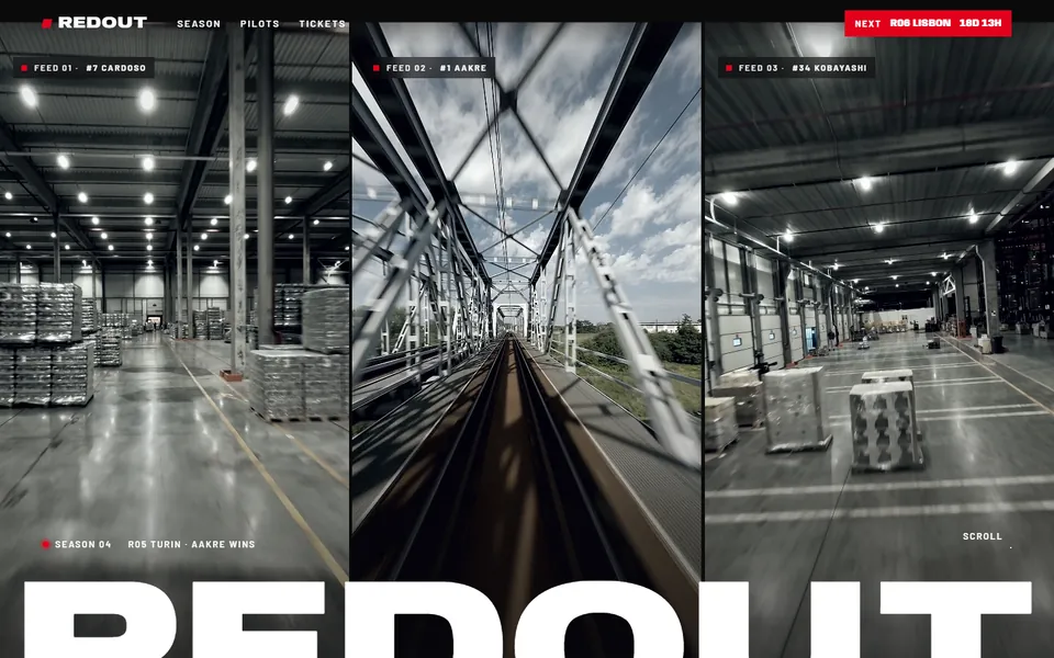 The REDOUT homepage: three portrait pilot-camera feeds side by side, a warehouse, a railway bridge and a second warehouse, with the word REDOUT across the bottom.
