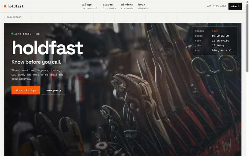 holdfast homepage: aircon triage hero with WhatsApp dispatch.