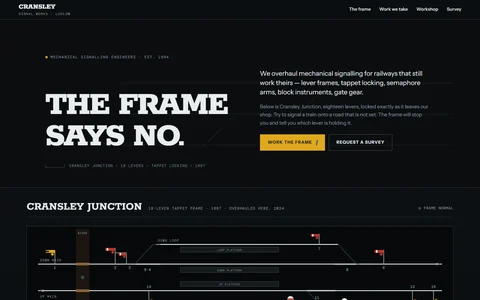 The CRANSLEY homepage: the words &lsquo;The frame says no&rsquo; in heavy slab capitals above a white-on-black signal box track diagram of a junction with semaphore arms and a level crossing.