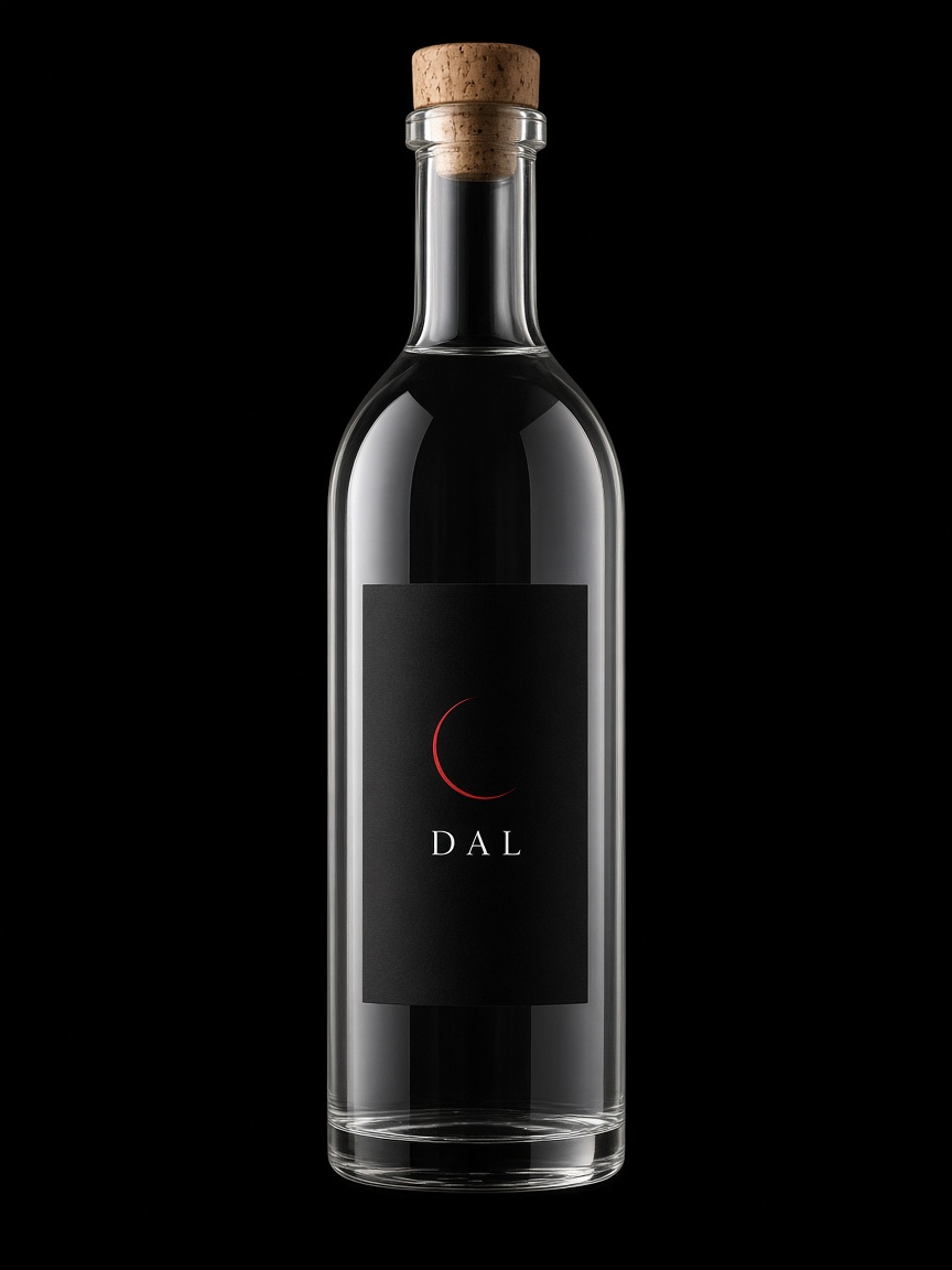 DAL: black bottle-over-type hero with red accent Under the Moon Korean spirits branding.