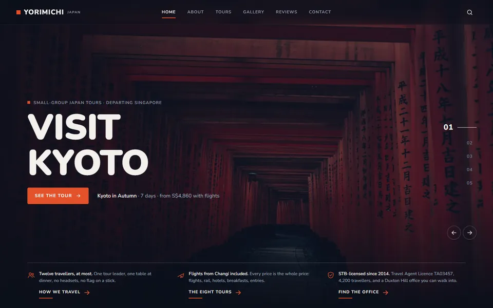 YORIMICHI: 'Visit Kyoto' over the torii tunnel at Fushimi Inari, small-group Japan tours from Singapore.