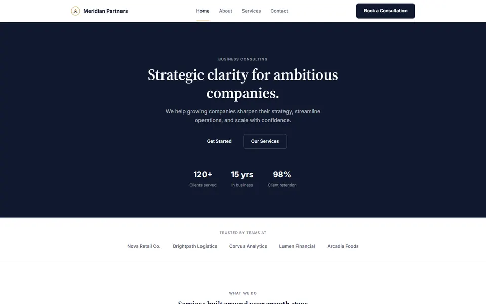 The Meridian Partners consulting site: a restrained, typographic corporate homepage.
