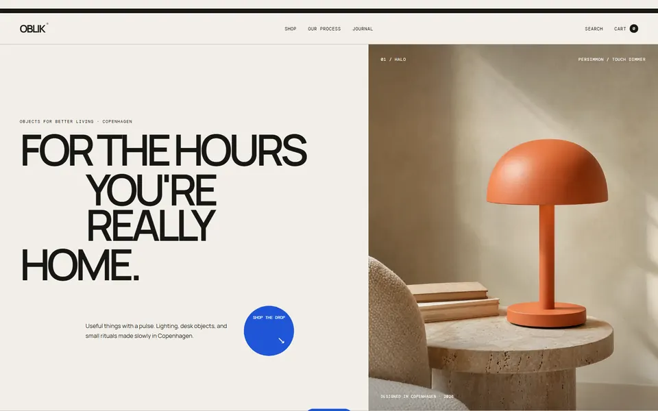 The OBLIK store: an editorial product grid of design objects.
