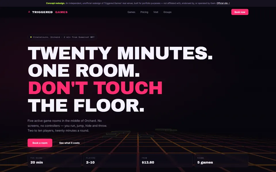 The TRIGGERED concept site: neon type over a glowing lava grid floor.