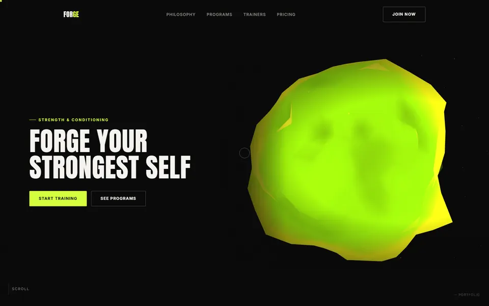 The FORGE gym site: a glowing green low-poly form beside the words &lsquo;Forge your strongest self&rsquo;.