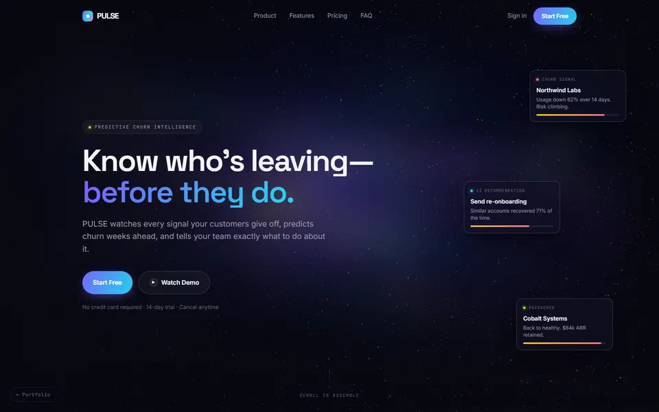 The PULSE landing page: a dark starfield hero reading &lsquo;Know who&rsquo;s leaving before they do.&rsquo;