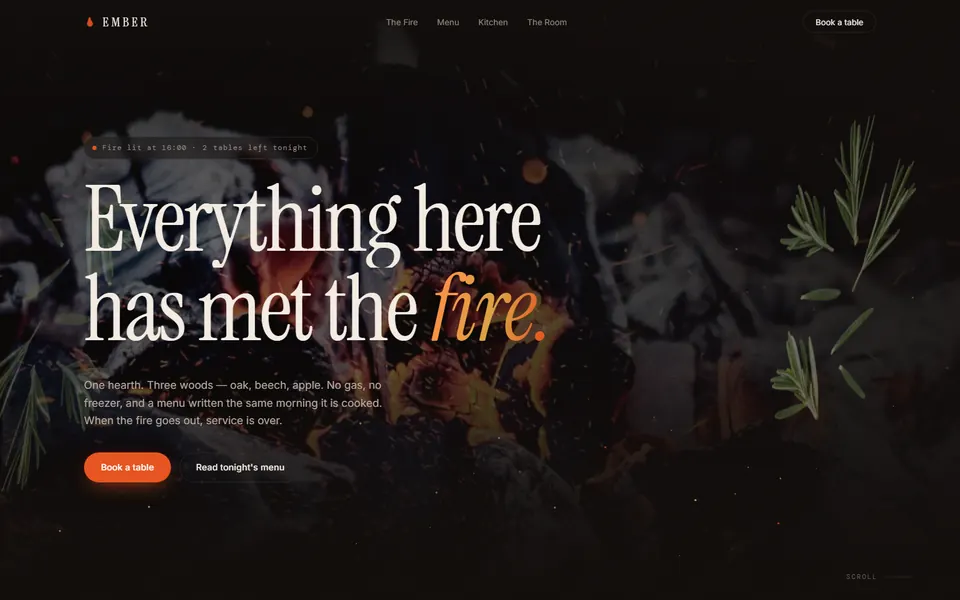 The EMBER restaurant site: a wood-fire hero with drifting canvas embers.