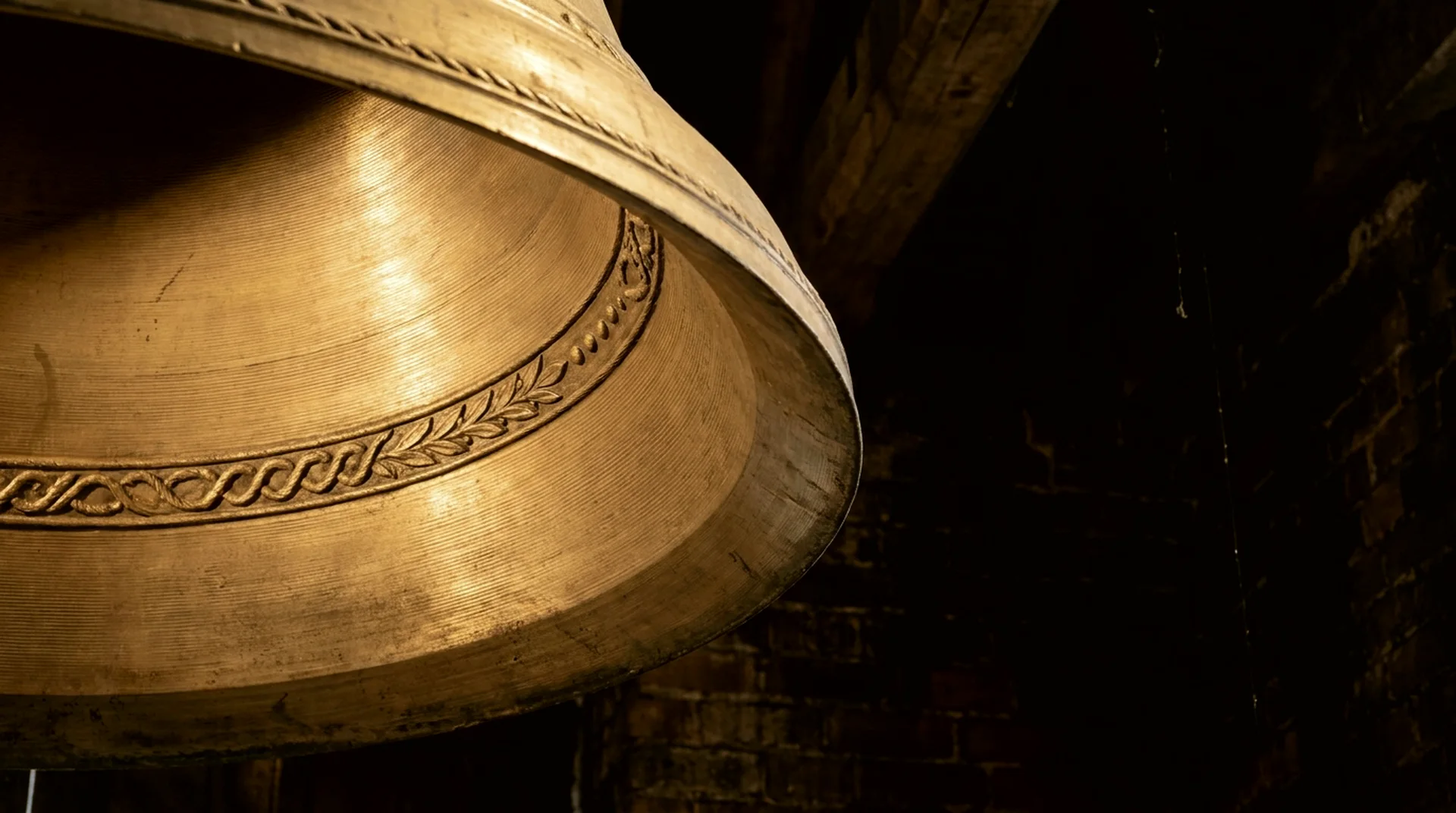 The curve of a bell's soundbow falling away into darkness.