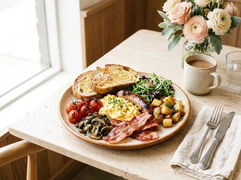 A big breakfast plate with scrambled eggs, sausage, bacon, roasted tomatoes, mushrooms, potatoes and toasted sourdough.