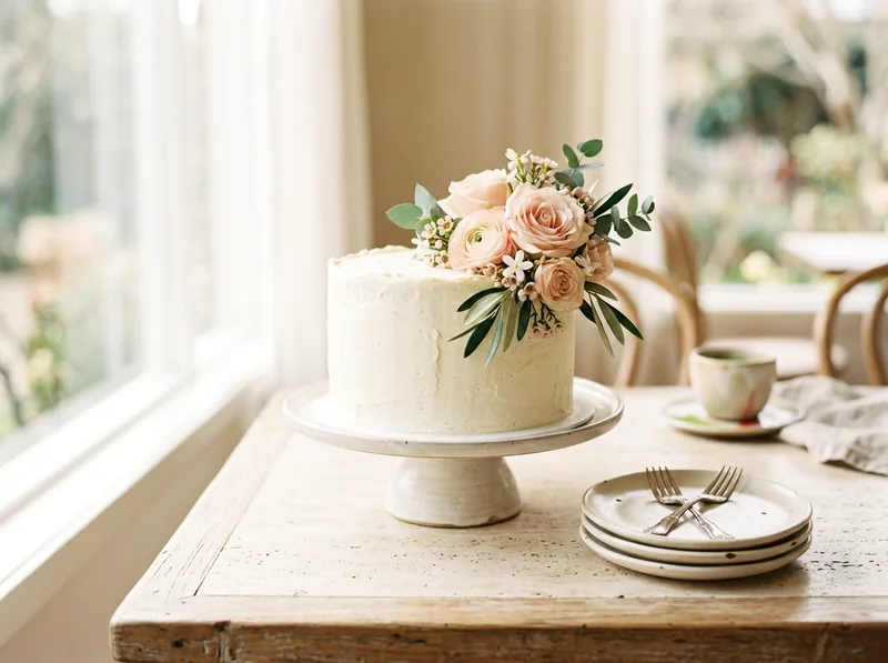 A white cream cake dressed with fresh blush flowers on a cake stand beside stacked dessert plates.