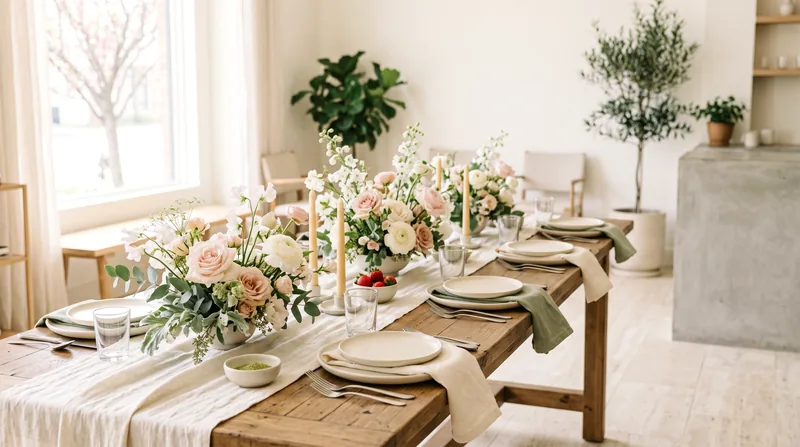 A long table set for a celebration with flower arrangements, stacked plates, glasses and candles in a bright café.