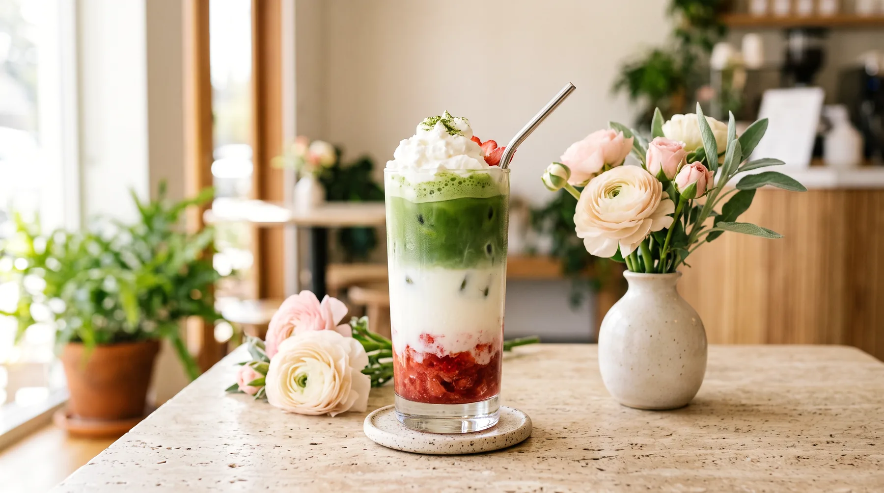 A tall glass of strawberry matcha latte in three layers — crushed strawberry, milk and matcha — topped with a cream cloud, beside a vase of blush ranunculus.