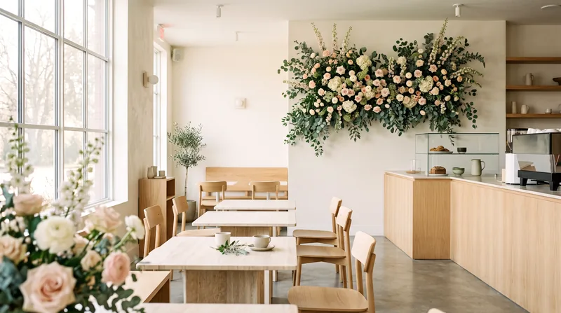 A bright minimalist café room with a large fresh-flower installation above the counter.