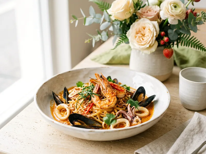 A bowl of laksa cream pasta with tiger prawns, mussels and squid in a rich orange sauce.