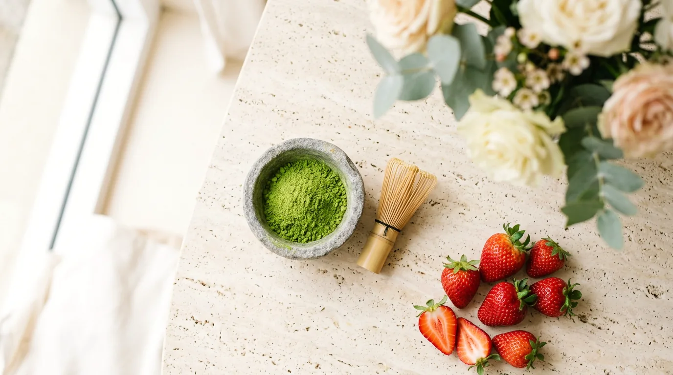 A stone bowl of matcha powder with a bamboo whisk beside fresh strawberries on pale stone.