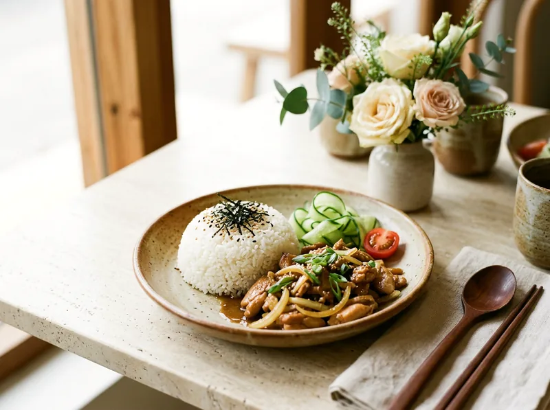 A rice bowl plate with a dome of Japanese white rice topped with nori beside glossy bulgogi chicken and cucumber.