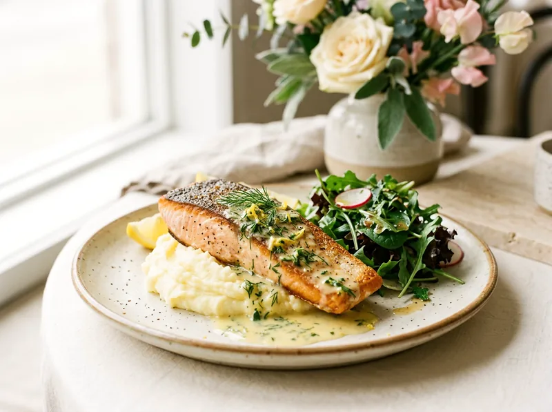 A pan-fried salmon fillet with crisp skin on mashed potato with lemon butter sauce and greens.