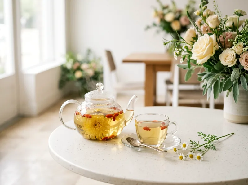 A glass teapot of blooming chrysanthemum flower tea with goji berries, beside a filled glass cup.