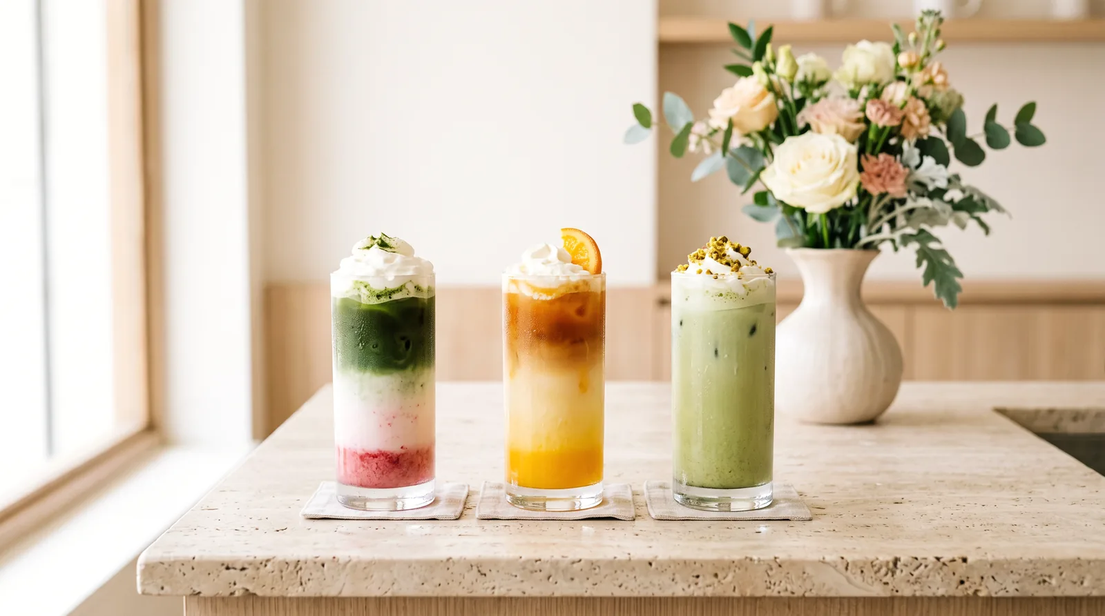Three tall cream-topped iced drinks in a row on a stone counter: layered strawberry and matcha, golden orange, and pale pistachio green.