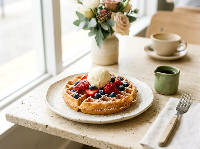 A Belgian waffle topped with gelato, strawberries and blueberries, with a small jug of syrup beside it.