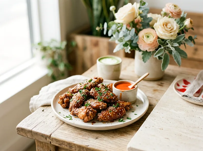 Glazed Korean chicken wings scattered with sesame seeds, with a pot of dipping sauce.