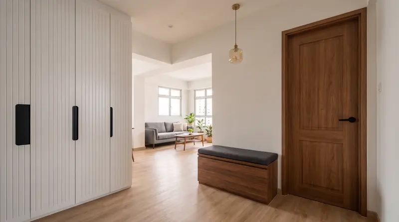 After: the entrance with a full-height fluted shoe cabinet, a walnut bench, a new timber main door and the living room beyond.