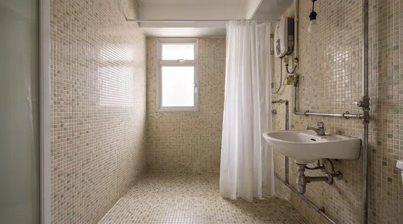 Before: the same bathroom with small mosaic tiles, a pedestal basin, a shower curtain and exposed pipes.