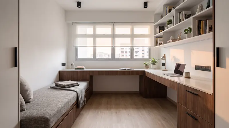 After: the second bedroom as a study, with a walnut desk running under the window, white shelves above and a daybed.