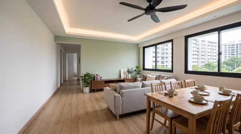 After: an open living and dining room with oak vinyl, a sage feature wall behind the console, a grey sofa and an oak table for six, with new HDB blocks in the window.