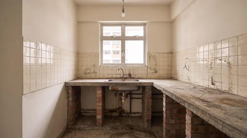 Before: the same kitchen with a cracked concrete counter on brick, old cream tiles and a rusty sink.
