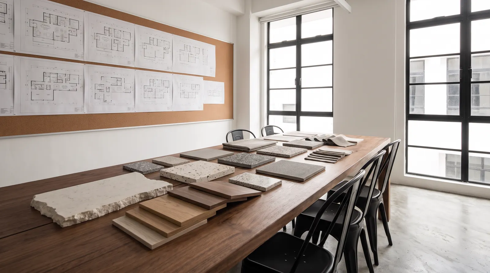The studio: a long walnut table covered in quartz, laminate and tile samples, with floor plans pinned to the wall and big industrial windows.