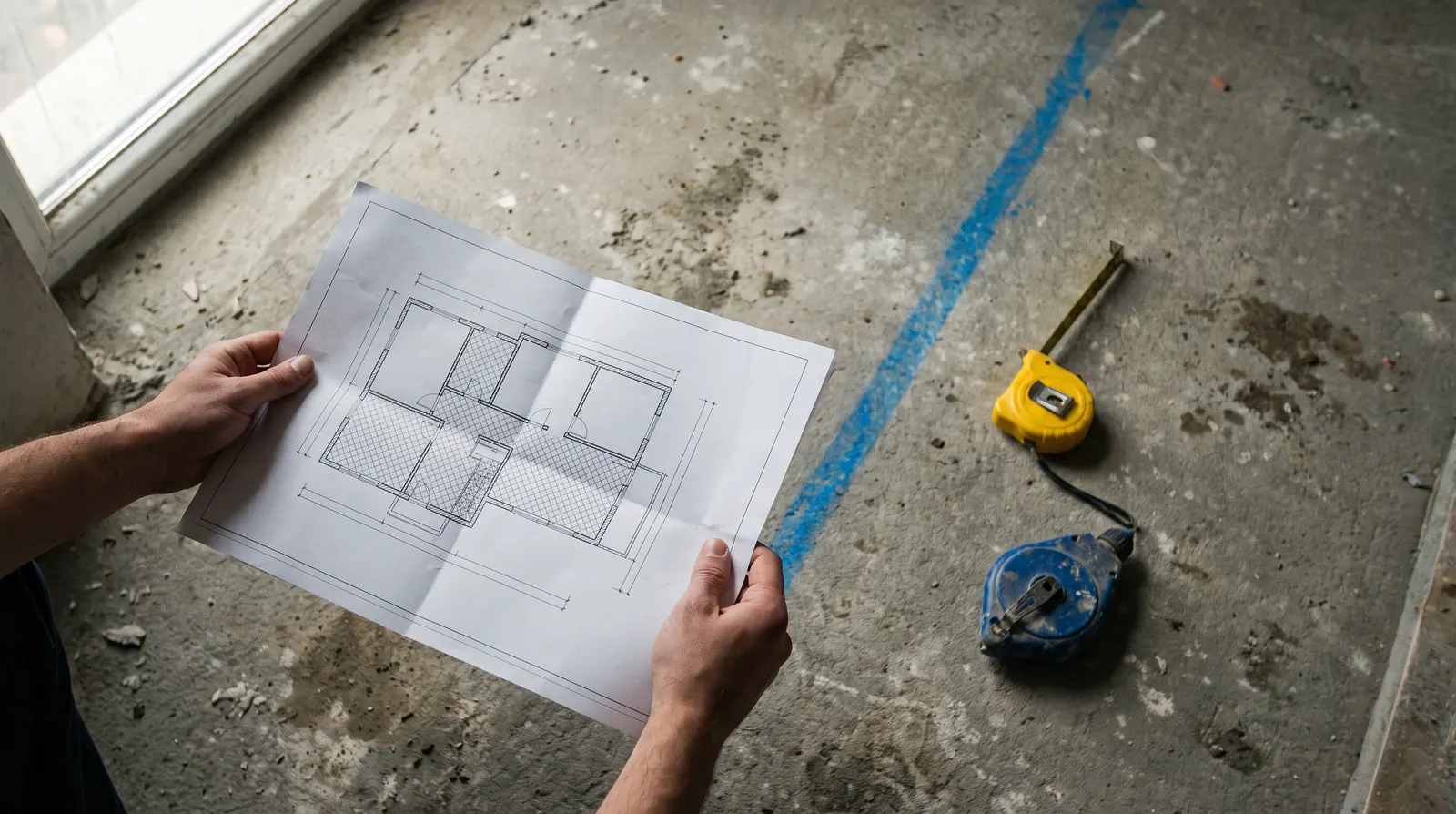 Two hands holding an A3 floor plan over a bare cement floor, with a blue chalk line snapped across the screed and a tape measure beside it.