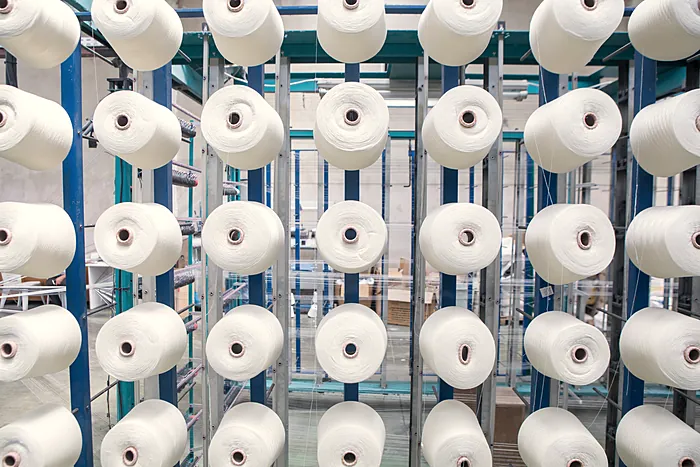 Cones of yarn on the creel of a warping machine.
