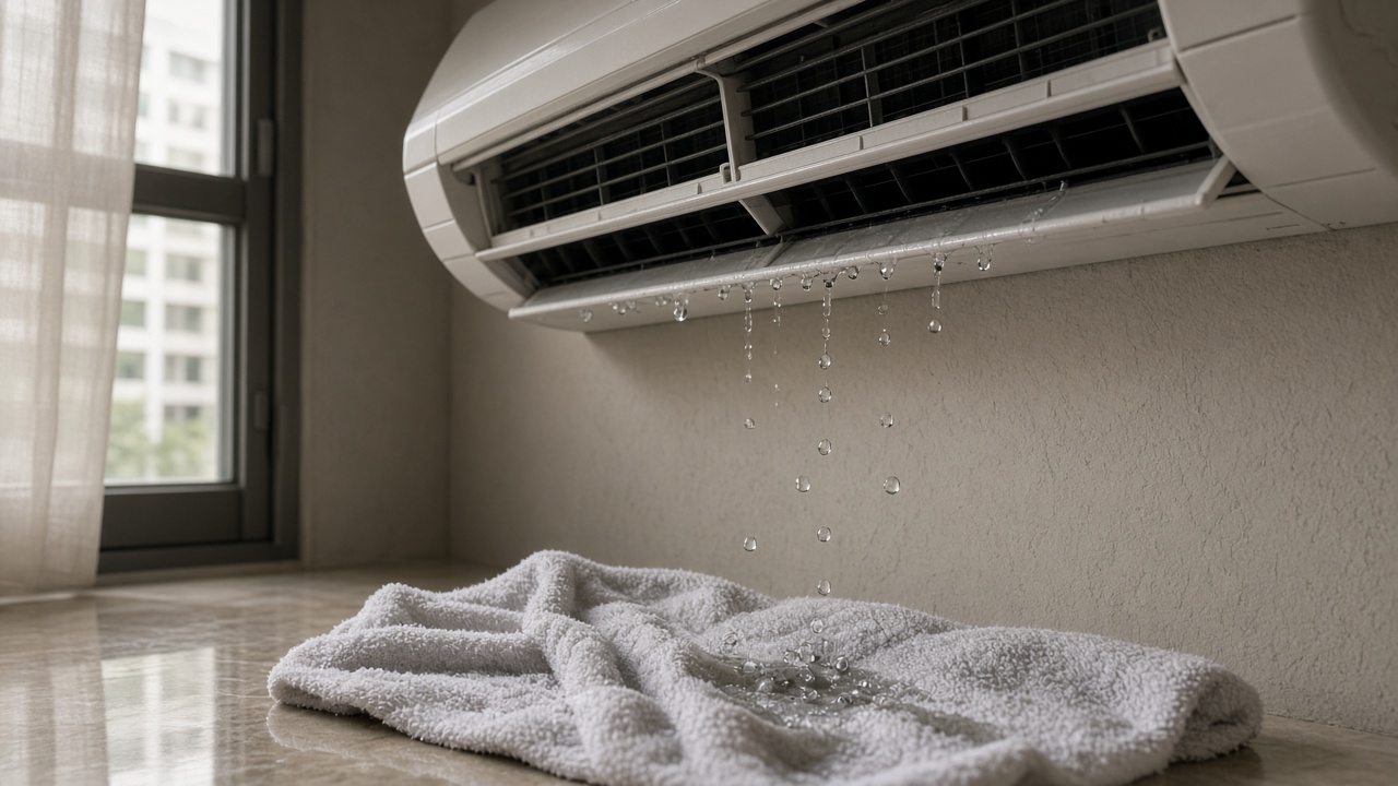 Water dripping from a wall-mounted air conditioner.