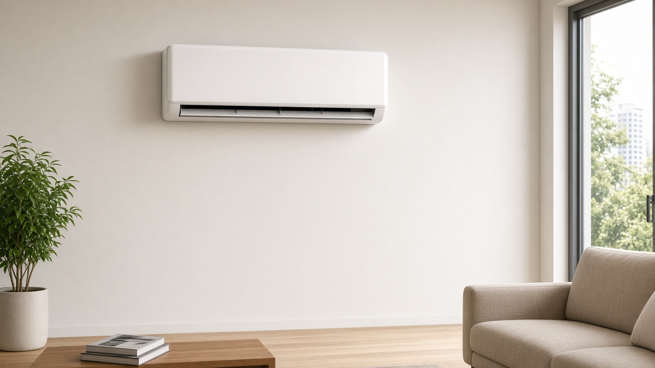 Wall-mounted split air conditioner in a bright living room.