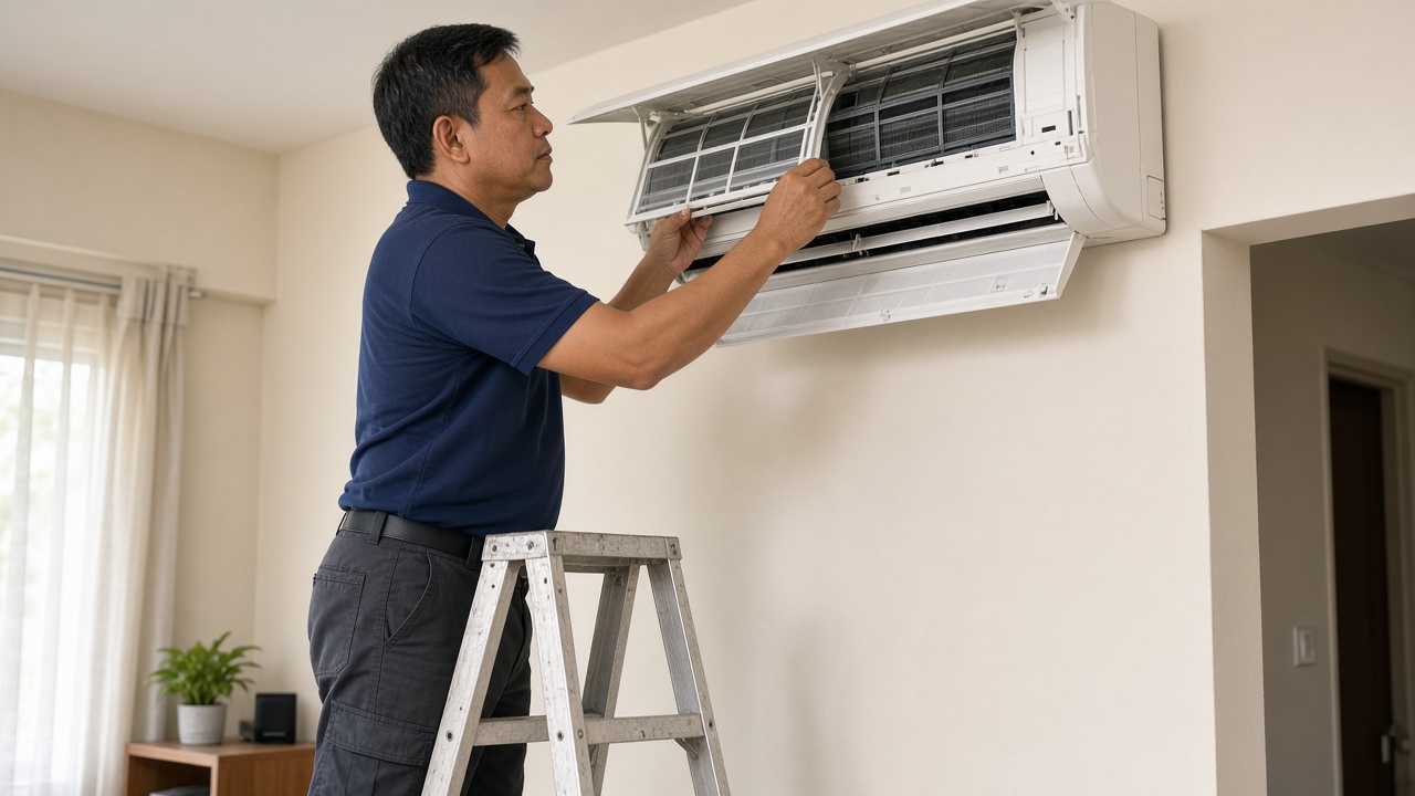 Technician servicing a wall-mounted air conditioner.