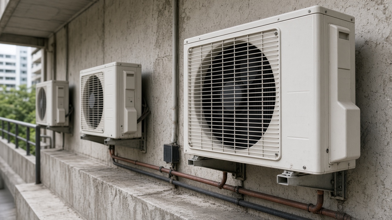 Outdoor air conditioning condensers on a building corridor.