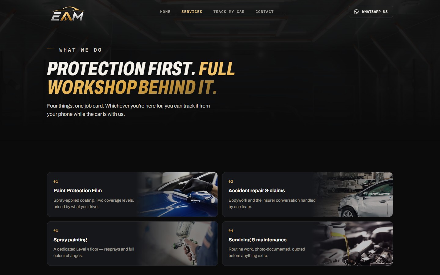Esteem Auto Medics -- services page, with live job tracking in the navigation